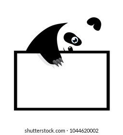 Funny panda bear hanging on paper board template. Cute cartoon character. Baby card. Flat design style.
