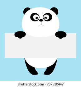 Funny panda bear hanging on paper board template. Big eyes. Kawaii animal body. Cute cartoon character. Baby card. Flat design style. Blue background Isolated. Vector illustration