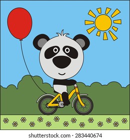 Funny panda bear on bike with red balloon.