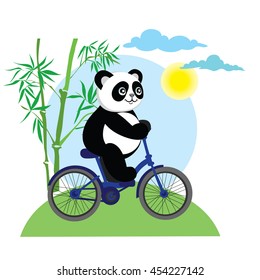 Funny panda bear on bike. Cartoon panda with bike in forest. Cute little panda bear rides his bike. The picture on the theme of healthy lifestyle