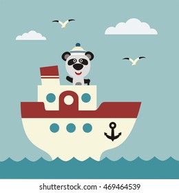 Funny panda bear sailor on bridge of ship. Icon sea travel.