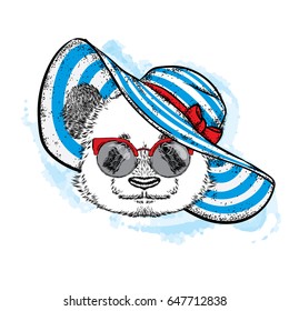 Funny panda in a beautiful beach hat. Vector illustration for a postcard or poster, print for clothes, cup or cover. Bear painted by hand. Summer, vacation and vacation.