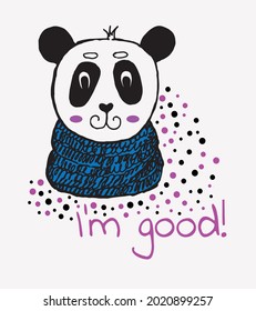 Funny panda in a blue scarf. Vector hand drawn illustration. Cute cartoon character. For children's prints, postcards, posters.