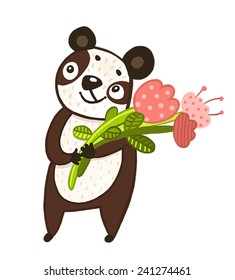 funny panda with a bouquet of flowers