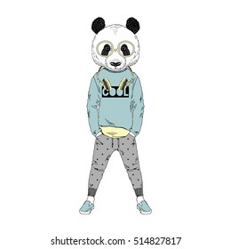 lustige Panda-Boy-Hipster, anthropomorphe Illustration für Kinder