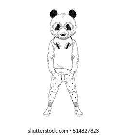 funny panda boy hipster, anthropomorphic illustration for kids