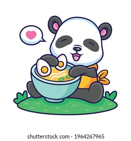 Funny Panda Cartoon Vector Illustration. Animal Eat Noodles with Cute Expression Icon Concept