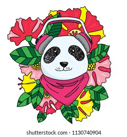 Funny Panda character, listening to music in headphones. Painted in bright colors.