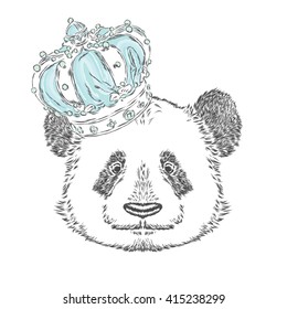 Funny panda in the crown. Vector illustration.