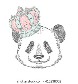 Funny panda in the crown. Vector illustration.