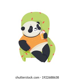 Funny panda is drinking a juice. Flat vector illustration.