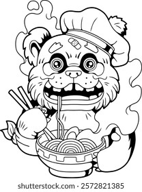 funny panda eating ramen noodles illustration design