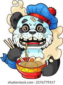 funny panda eating ramen noodles illustration design