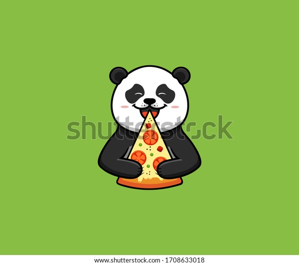 おかしなパンダはピザ ロゴを食べる 緑の背景にかわいい野生動物 漫画のキャラクター 食べ物のロゴ バッジ シール エンブレム ベクターイラスト フラット ラインアートスタイル クリエイティブデザイン のベクター画像素材 ロイヤリティフリー