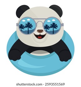 Funny Panda Enjoying Summer in a Swimming Ring With Sunglasses at a Tropical Beach