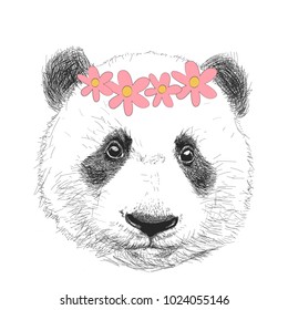 Funny panda in a flower wreath. Vector illustration.