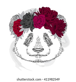 Funny panda in a flower wreath. Vector illustration.