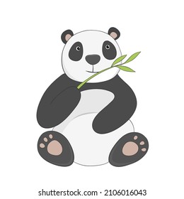 Funny panda with green bamboo branch cartoon style hand drawn