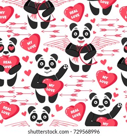 Funny panda. Hand drawn holidays background with cute animal, arrow and hearts. My Love. Sweet seamless pattern. 