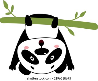 Funny panda hanging upside down from tree branch