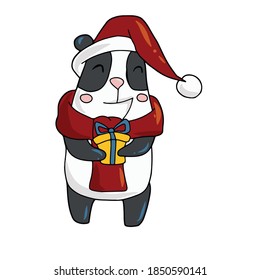 Funny funny Panda in a hat and scarf holding a gift box.Vector children's illustration on a white isolated background for banners, postcards and stickers