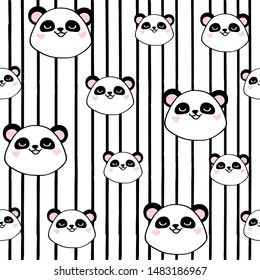 Funny panda head on a striped background seamless pattern