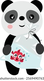 Funny panda holding a plastic bag with red fish
