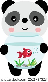 Funny panda holding a red fish in globe aquarium
