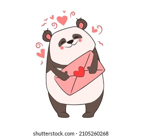 Funny panda holds in his paws a pink letter with a heart.Valentine's Day.Vector illustration, doodle, sketch, congratulation
