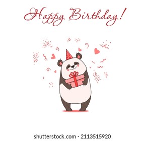 Der sonnige Panda hält in seinen Pfoten eine rosafarbene Geschenkbox mit einer Schleife. Herzlichen Glückwunsch zum Geburtstag auf der Postkarte. Vektorgrafik, Doodle, Skizze, Gratulation, Cartoon
