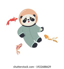 Gracioso panda con peces japoneses. Ilustración vectorial plana.