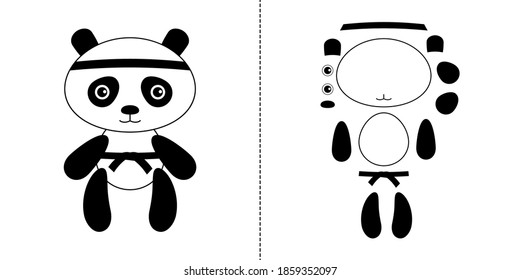 Funny panda in kimono. Animal mascot for kid's martial arts club like judo, jujutsu, kung fu, taekwondo or karate. Cute panda applique or cutout. Cartoon style simple vector illustration.