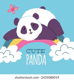 Funny panda lies on the rainbow. Vector cartoon Cute panda card design on blue background. Big Asian bear with black and white wool, fluffy fur. Wild animal with butterfly on the sky