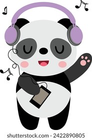 Funny panda listening music with headphones
