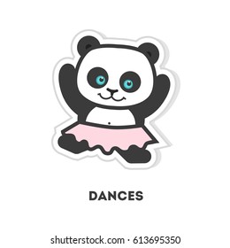 Funny panda listens to music. Isolated cartoon sticker. Panda in pink skirt.