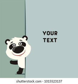 Funny panda looks out from behind field for your text. Template for card, invitation or greeting.