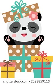 Funny panda looks out of a gift box happy birthday