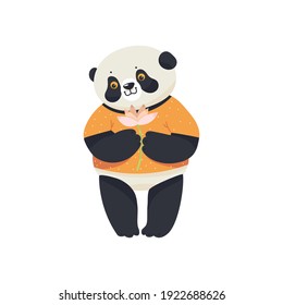 Funny panda with lotus. Flat vector illustration.