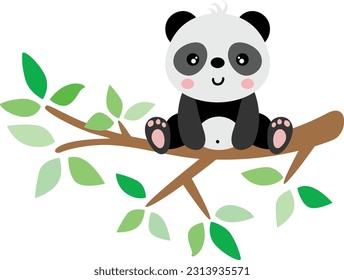 Funny panda on branch of tree with green leaves
