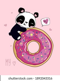 Funny Panda On Donut. Love Sweets T Shirt Design. Cute Animal T Shirt Design