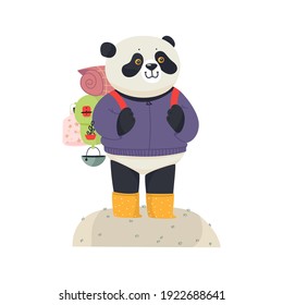 Funny panda on a hilke. Flat vector illustration.