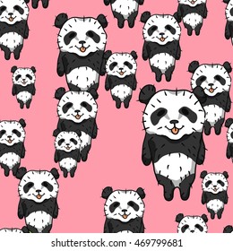 Funny panda on a pink background. Seamless pattern. Vector illustration