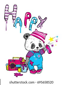 Funny panda in overalls and a hat draws a brush and balonchikom. Vector illustration for a postcard or a poster, print for clothes.