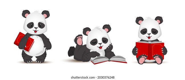 Funny panda reads a book.Cartoon style set. Vector illustration isolated on white background.