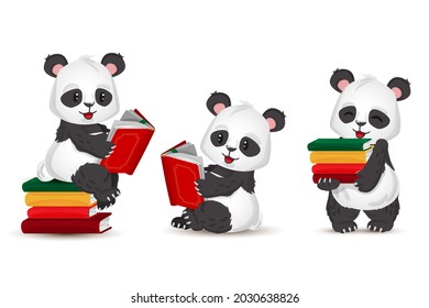 Funny panda reads a book.Cartoon style set. Vector illustration isolated on white background