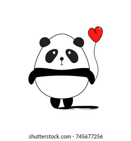 Funny Panda with Red Heart. Greeting card for Valentine's Day. Vector illustration flat design