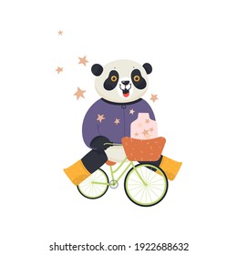 Funny panda rides on a bike. Flat vector illustration.
