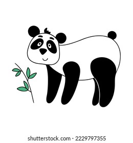 Funny panda stands isolated vector illustration. Black and white bear with sprig bamboo. Character panda symbol china cartoon
