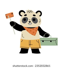 Funny Panda Traveler Character Taking Selfie with Smartphone and Stick Vector Illustration