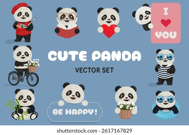 Funny Panda Vector Set. Kawaii Pandas in Cute Situations 